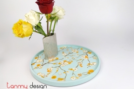 Blue round lacquer tray hand-painted with peach blossom  30cm